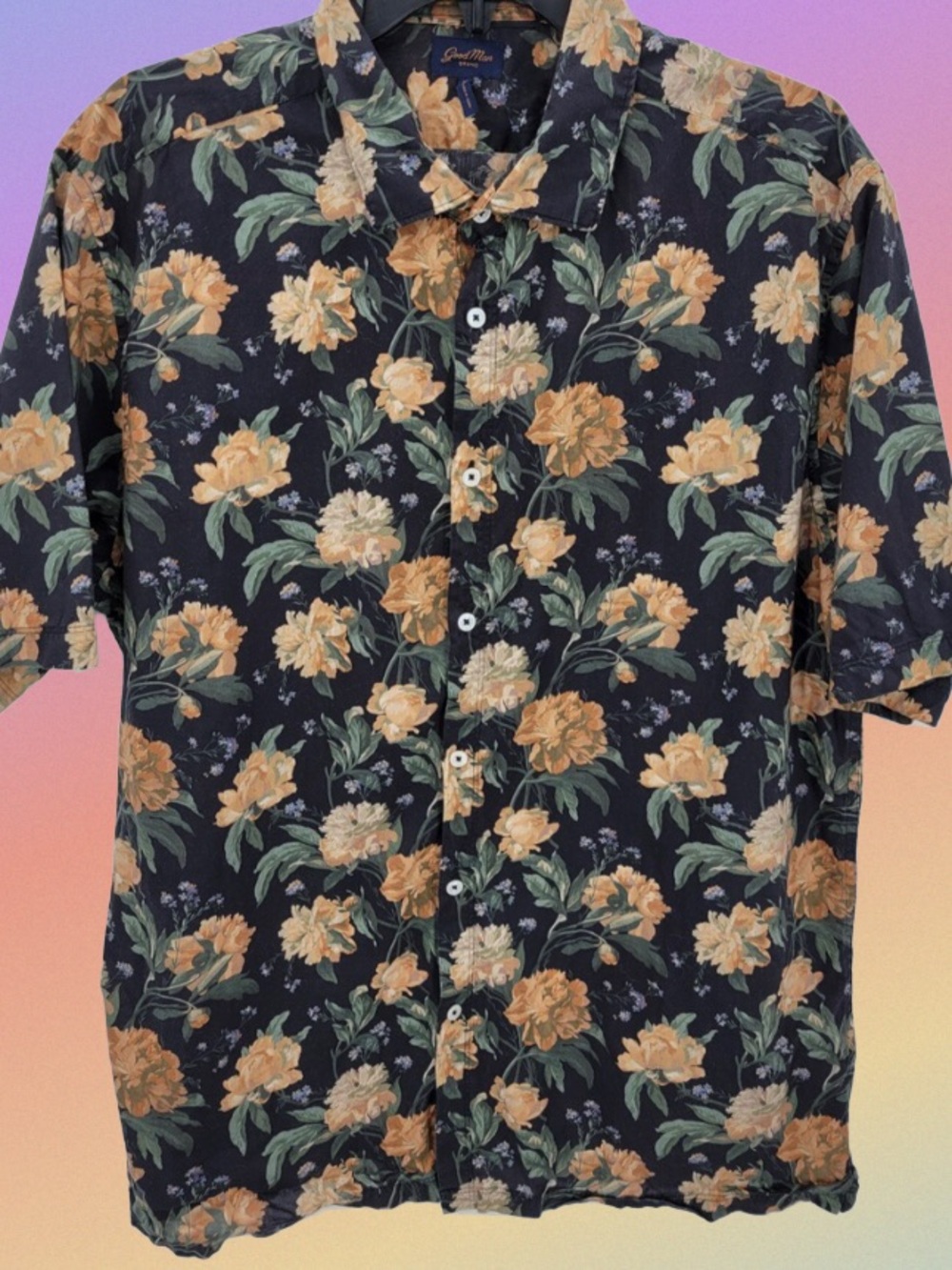 Good Man Brand Black Floral Button-Down Shirt with Orange & Green Print